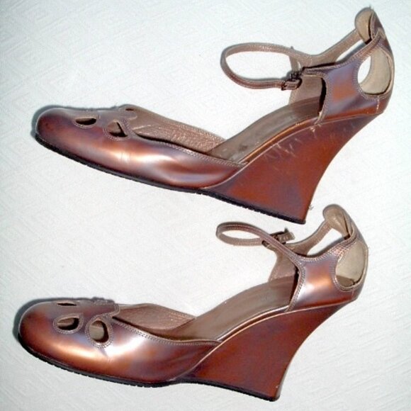 STEPHANE KELIAN Paris COPPER Brown high WEDGE HEELS antiqued leather Vintage 8 - Picture 3 of 7